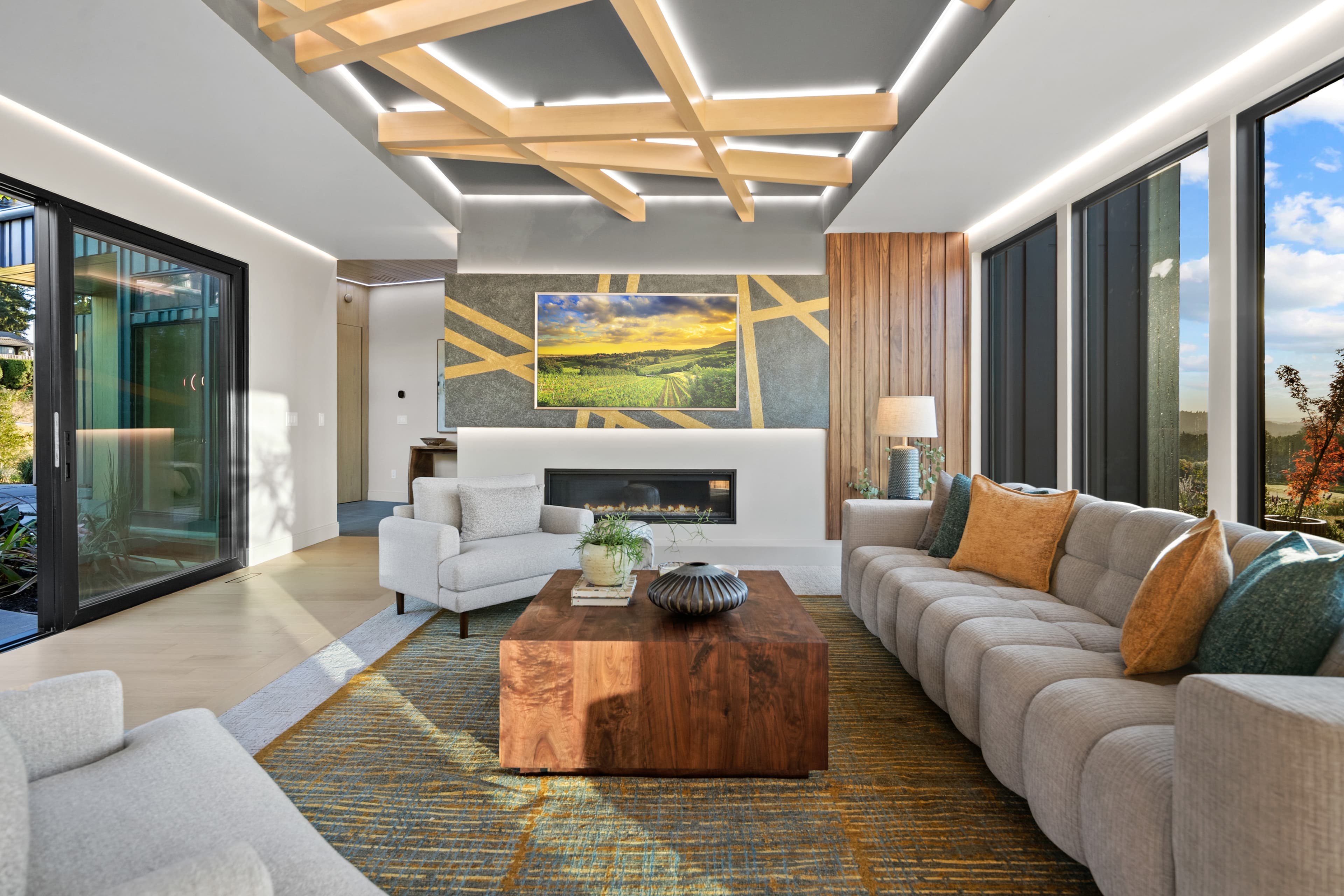 Sculptural ceiling beams in the Creekside Homes Street of Dreams living room