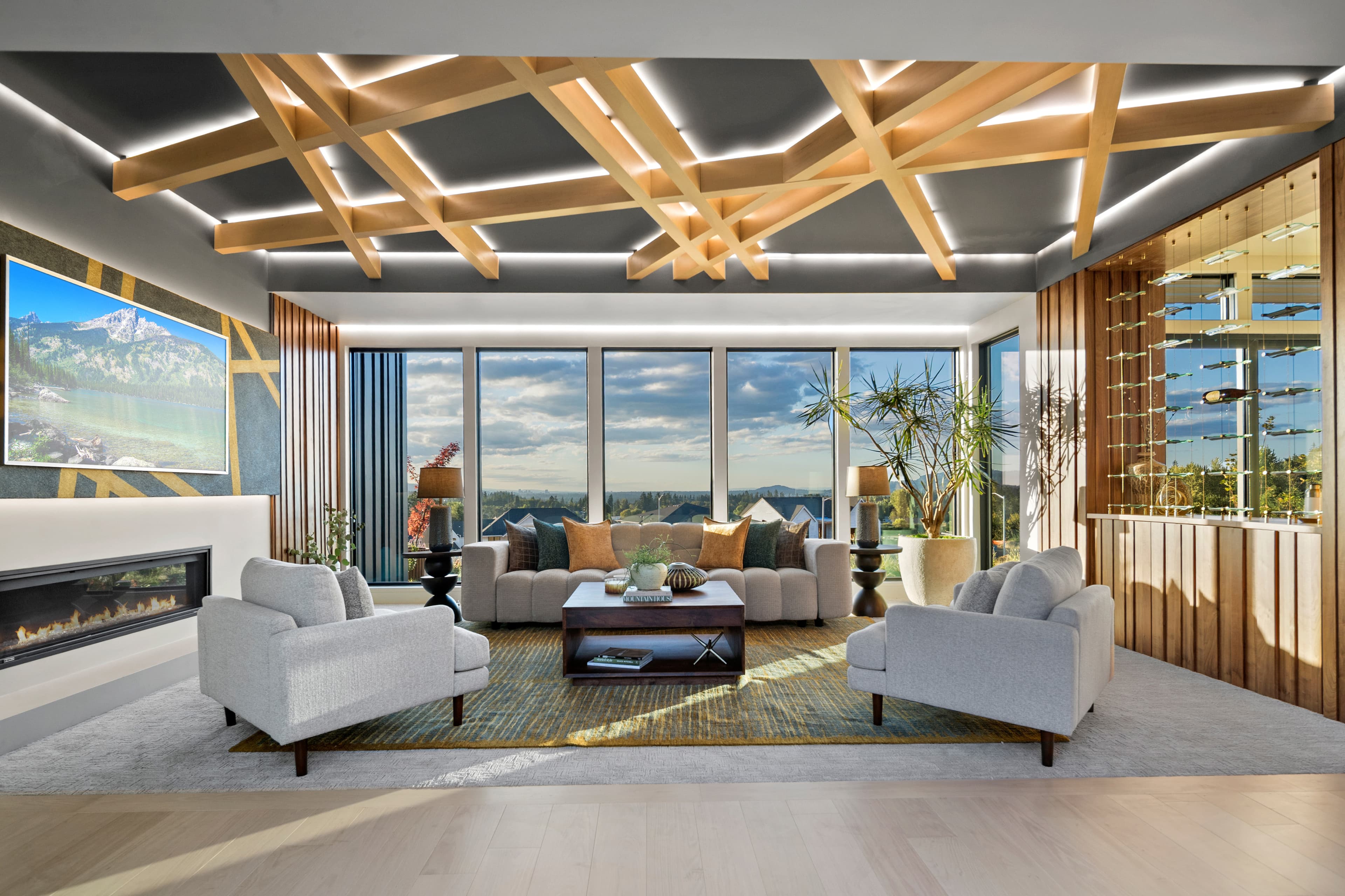 Sculptural ceiling beams in the Creekside Homes Street of Dreams living room