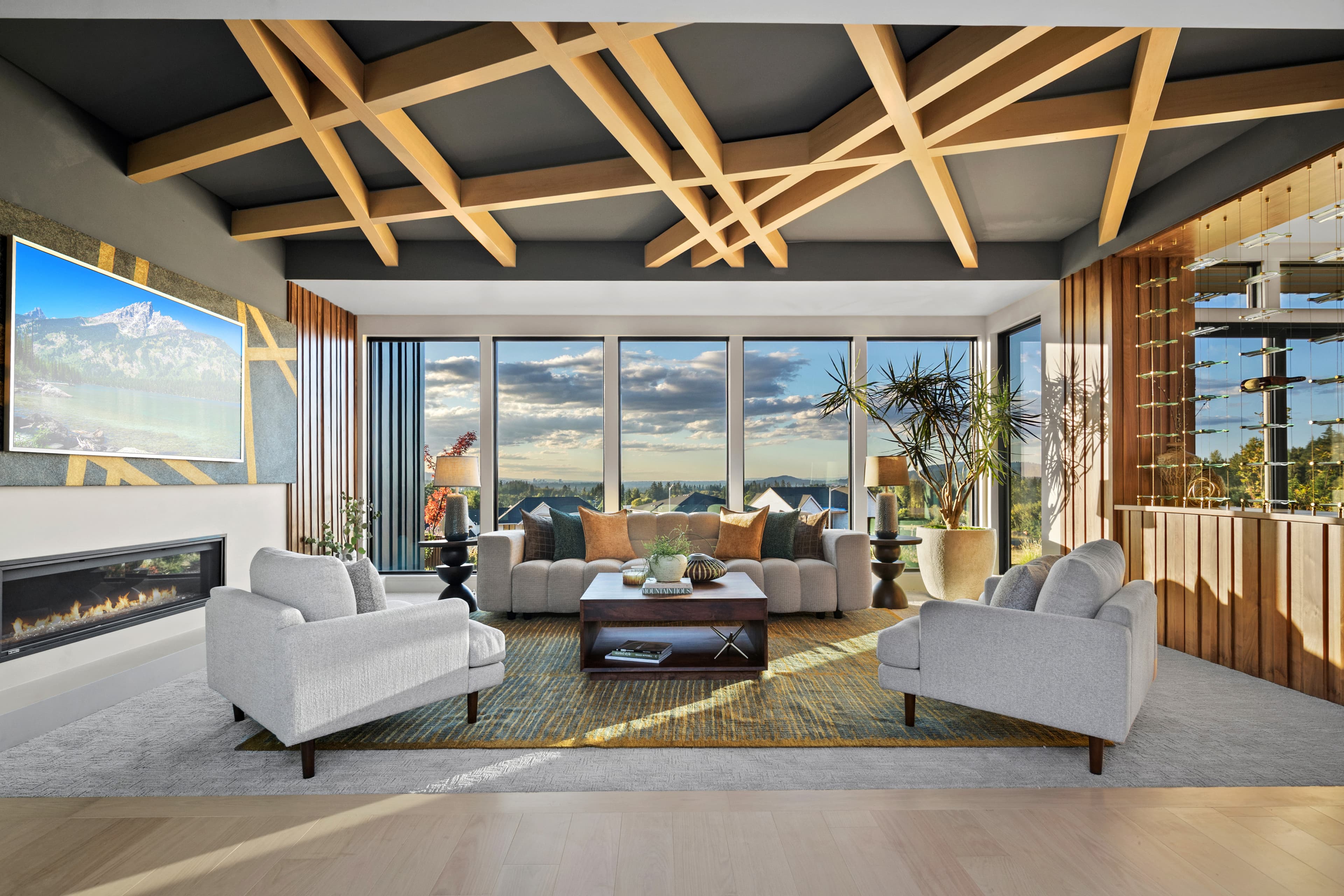 Great room with a wood-slat ceiling and wine-country views in the Creekside Homes Street of Dreams house