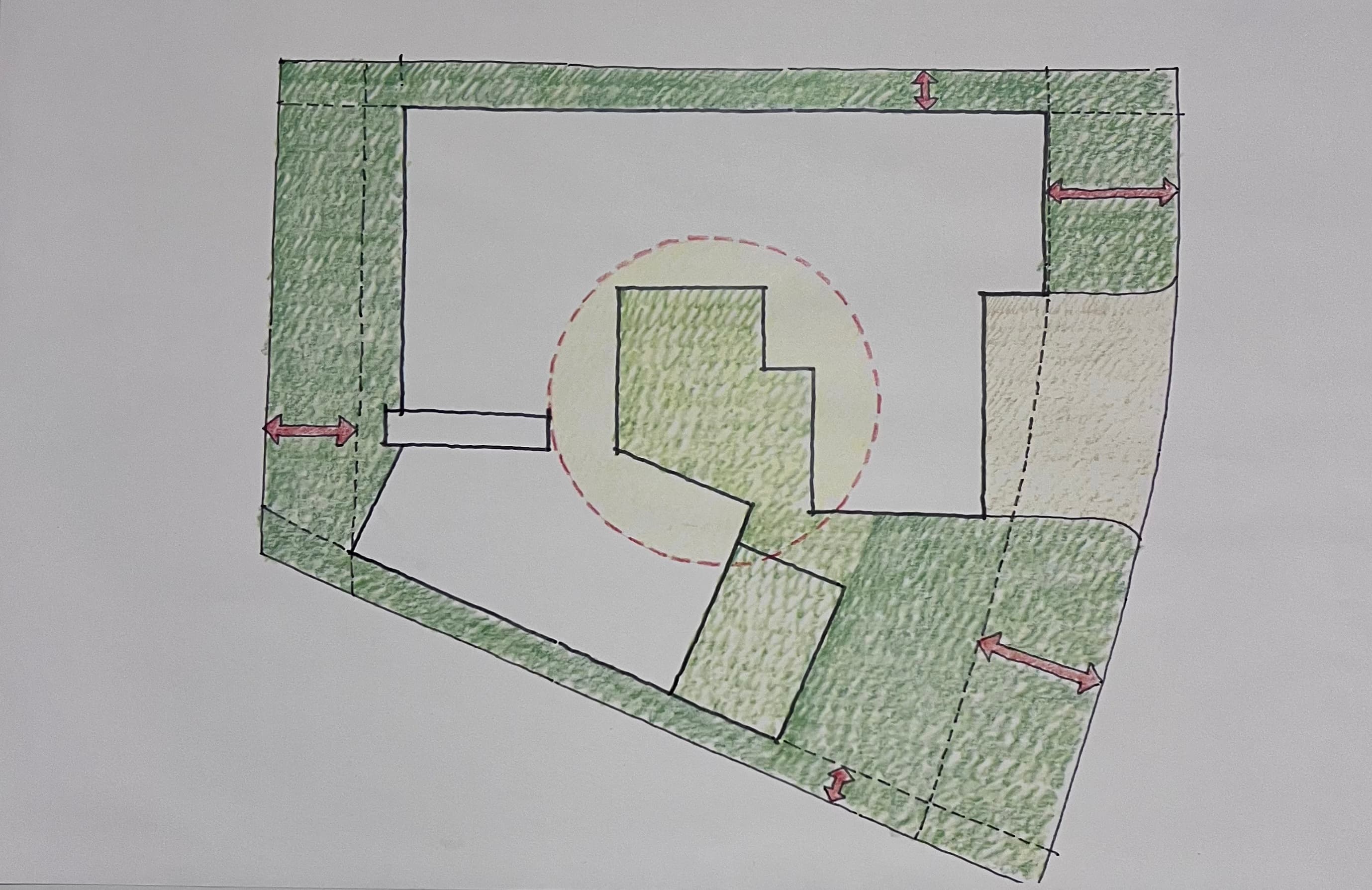 Architect's early lot-layout sketch — the building footprint and courtyard placed within the angled property lines