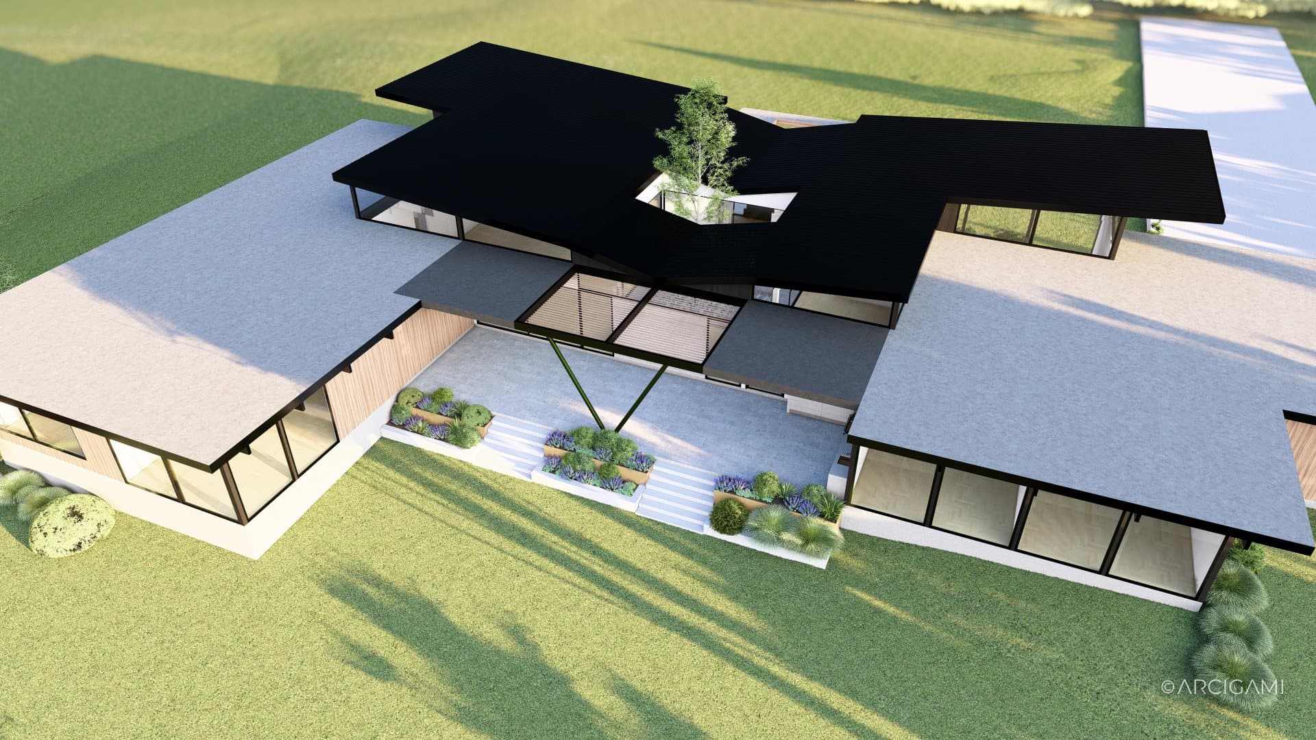 Aerial view of an Arcigami-designed home wrapped around a central courtyard