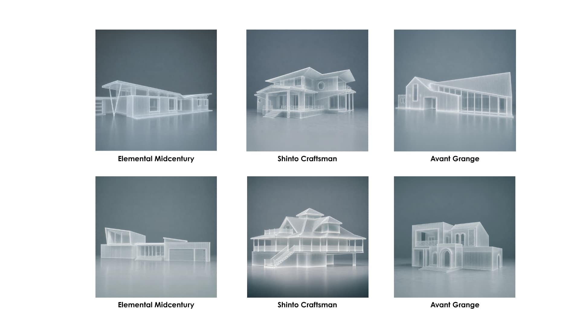 The Arcigami Arcitypes shown together — six distinctive Creekside Homes architectural styles